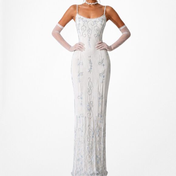 American Vintage Dresses & Skirts - Vintage Y2K Silk Baby Blue Cream Bodycon Floral Beaded Maxi Prom Dress Size S